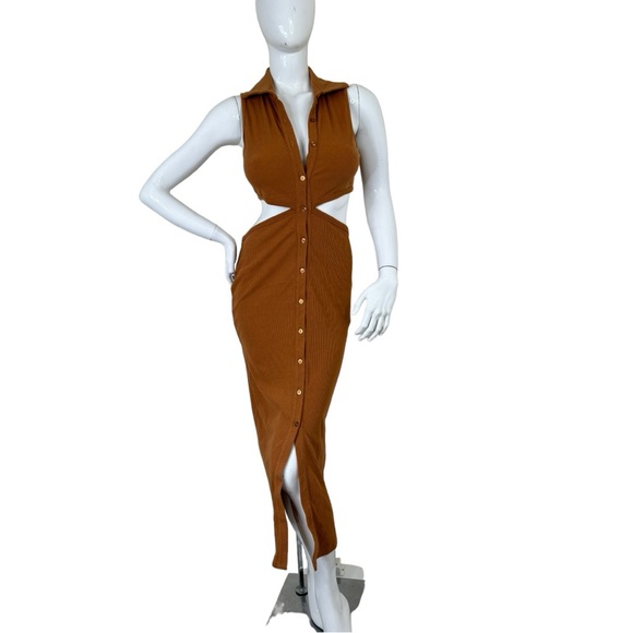 EMORY PARK BUTTON FRONT CUT OUT MIDI SUNDRESS MID SKIRT RIBBED BODYCON STRETCH L - Picture 10 of 17